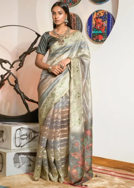 Sage Green Printed Organza Silk Saree with Embroidery Work