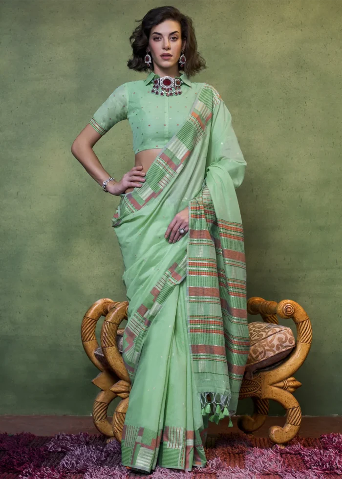 Sea Green Cotton Silk Saree with Brocade Blouse