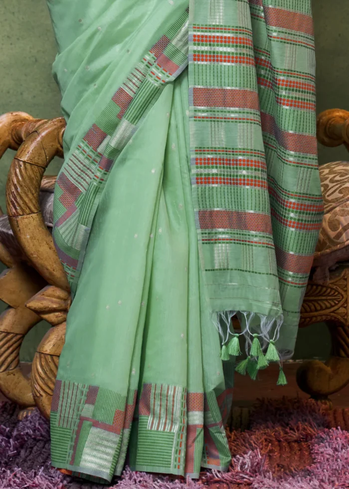 Sea Green Cotton Silk Saree with Brocade Blouse