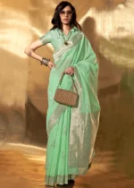 Sea Green Linen Saree with Brocade Blouse