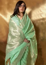 Sea Green Linen Saree with Brocade Blouse