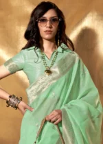 Sea Green Linen Saree with Brocade Blouse