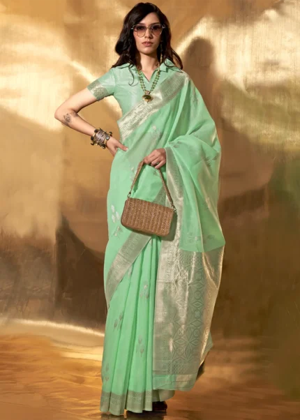 Sea Green Linen Saree with Brocade Blouse