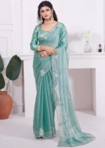 Sea Green Organza Silk Saree with Stone Work