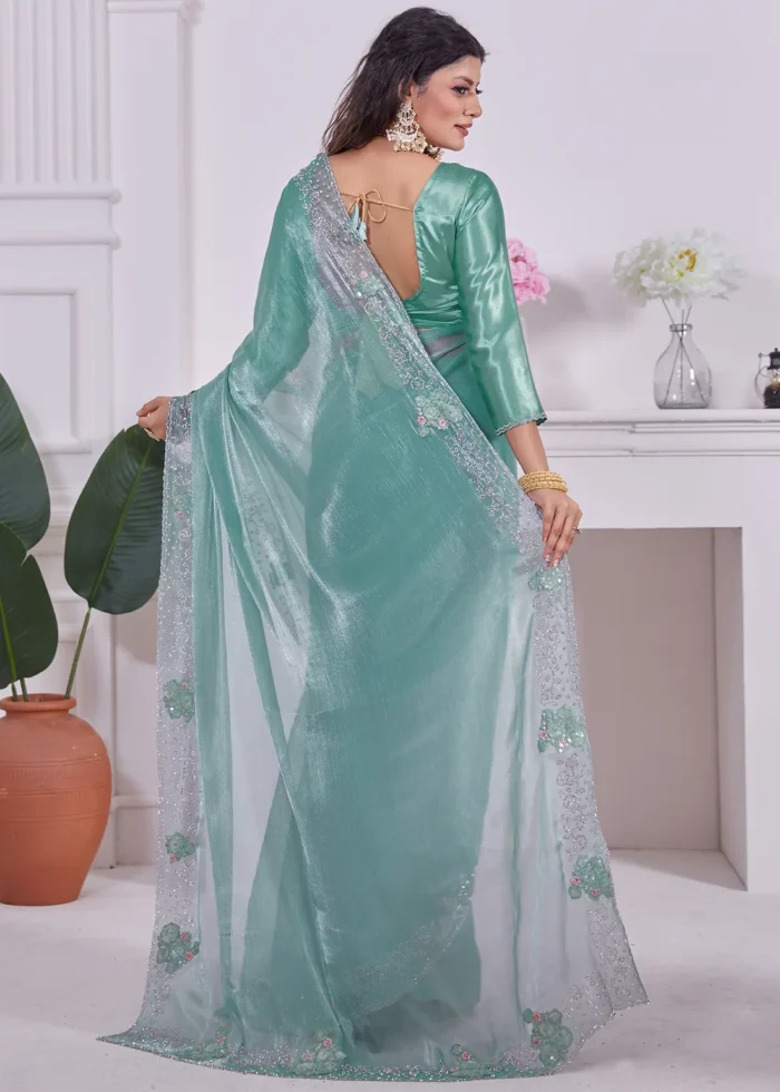 Sea Green Organza Silk Saree with Stone Work