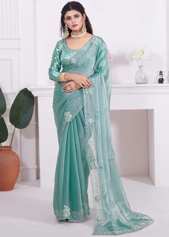 Sea Green Organza Silk Saree with Stone Work