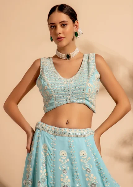 Sky Blue Embroidered Georgette Lehenga