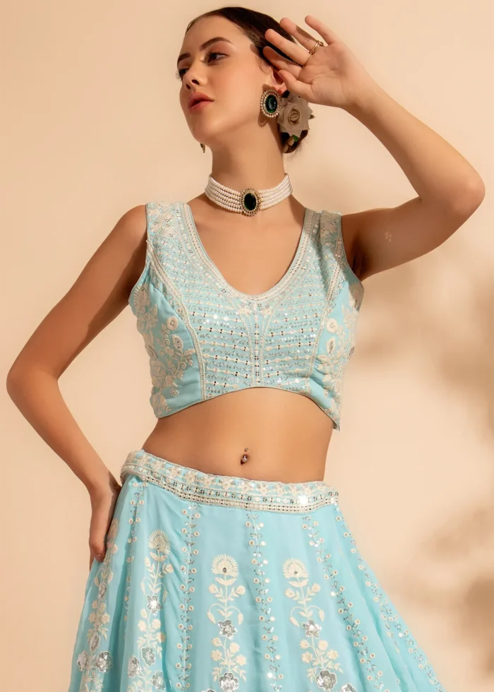 Sky Blue Embroidered Georgette Lehenga