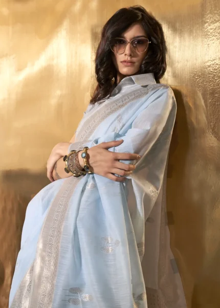 Sky Blue Linen Saree with Brocade Blouse