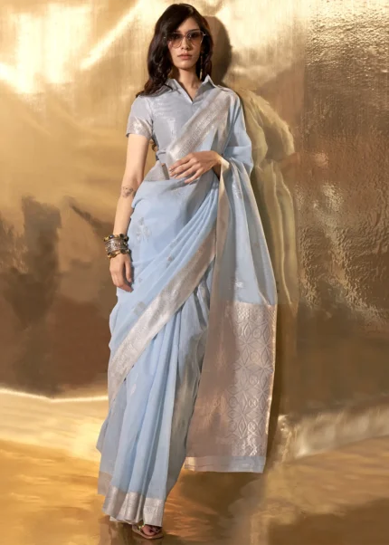 Sky Blue Linen Saree with Brocade Blouse