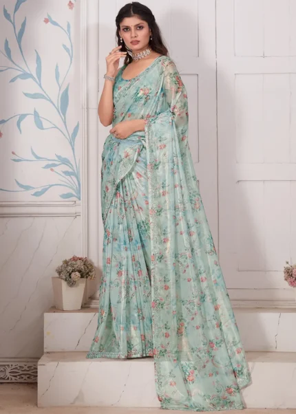 Sky Blue Printed Organza Silk Saree