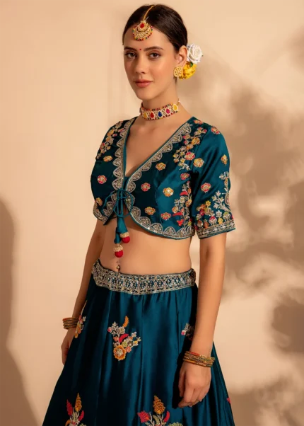 Teal Blue Embroidered Organza Lehenga