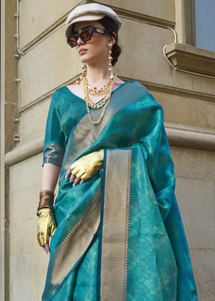 Turquoise Banarasi Organza Silk Saree