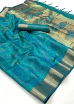 Turquoise Banarasi Organza Silk Saree