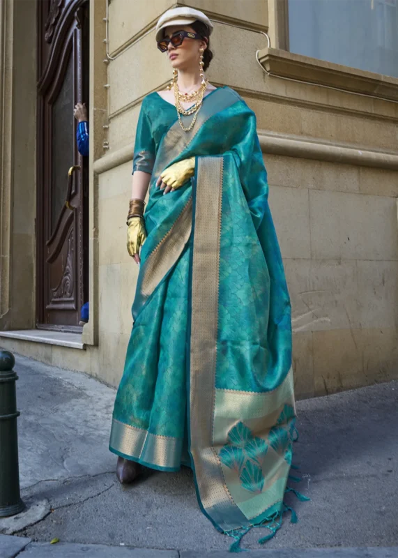 Turquoise Banarasi Organza Silk Saree