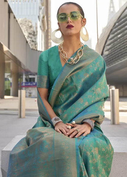 Turquoise Banarasi Silk Saree