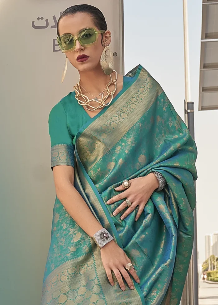 Turquoise Banarasi Silk Saree