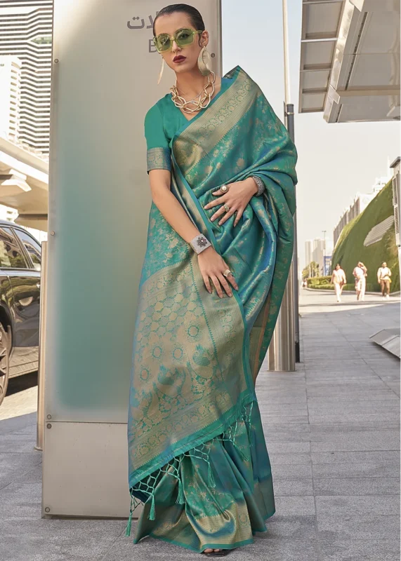 Turquoise Banarasi Silk Saree