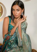 Turquoise Printed Organza Silk Saree