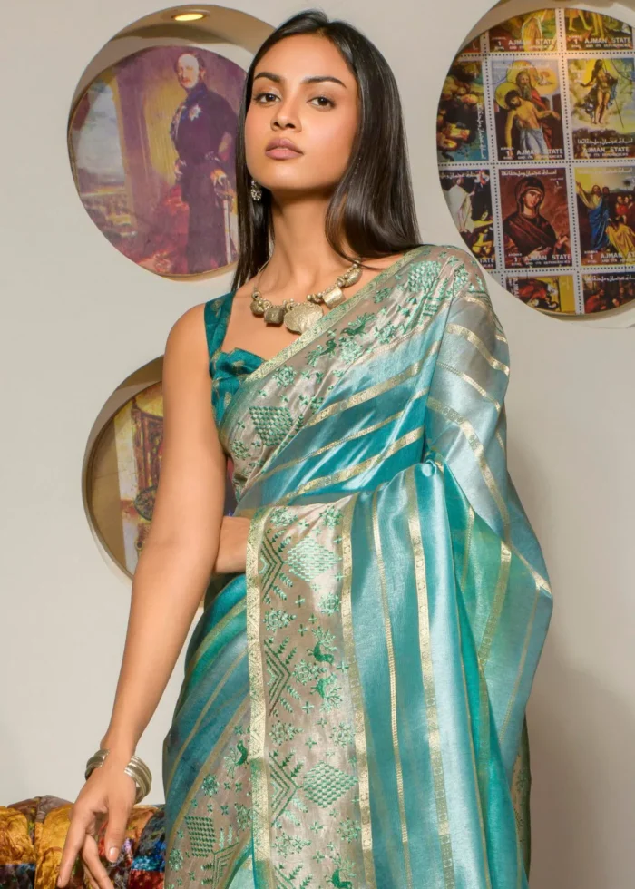 Turquoise Printed Organza Silk Saree