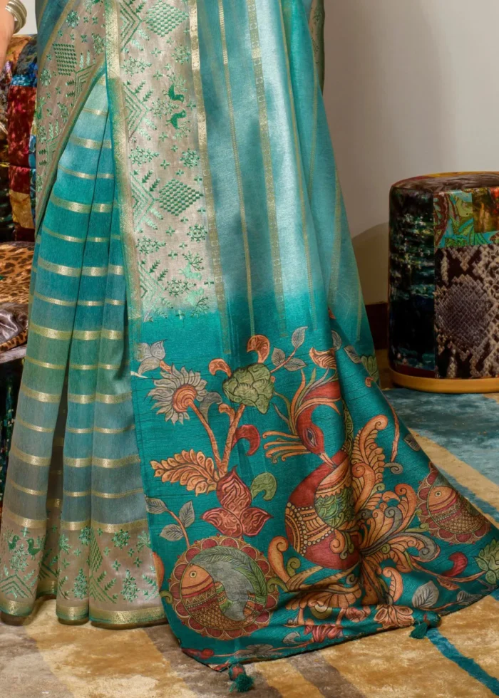 Turquoise Printed Organza Silk Saree