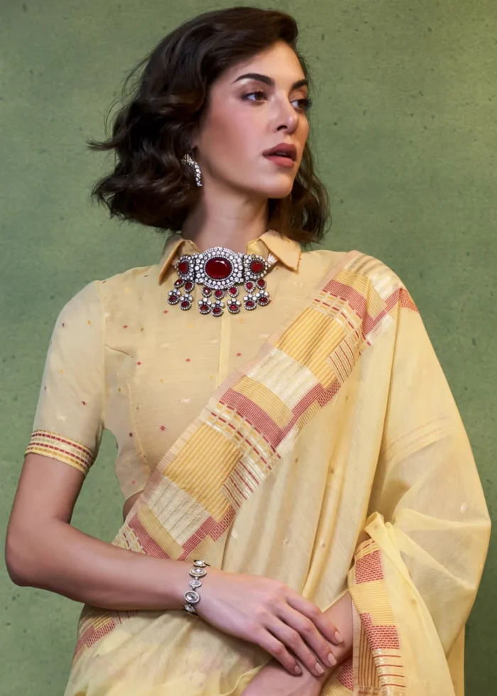 Yellow Cotton Silk Saree with Brocade Blouse