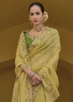 Yellow Embroidered Organza Silk Saree