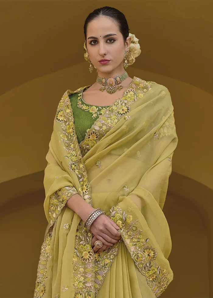 Yellow Embroidered Organza Silk Saree