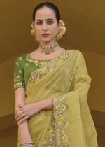 Yellow Embroidered Organza Silk Saree