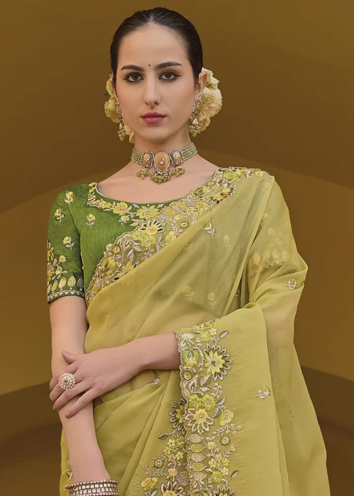 Yellow Embroidered Organza Silk Saree