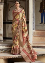 Yellow Printed Dola Silk Saree