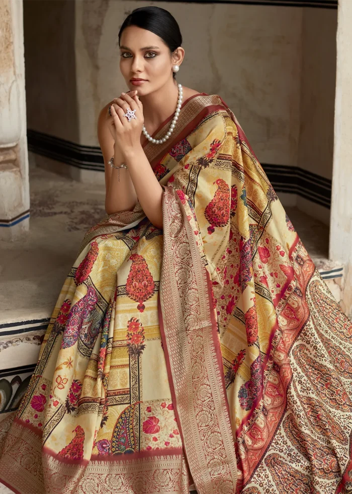 Yellow Printed Dola Silk Saree