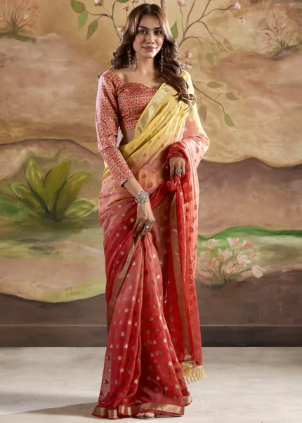 Yellow and Red Banarasi Georgette Saree