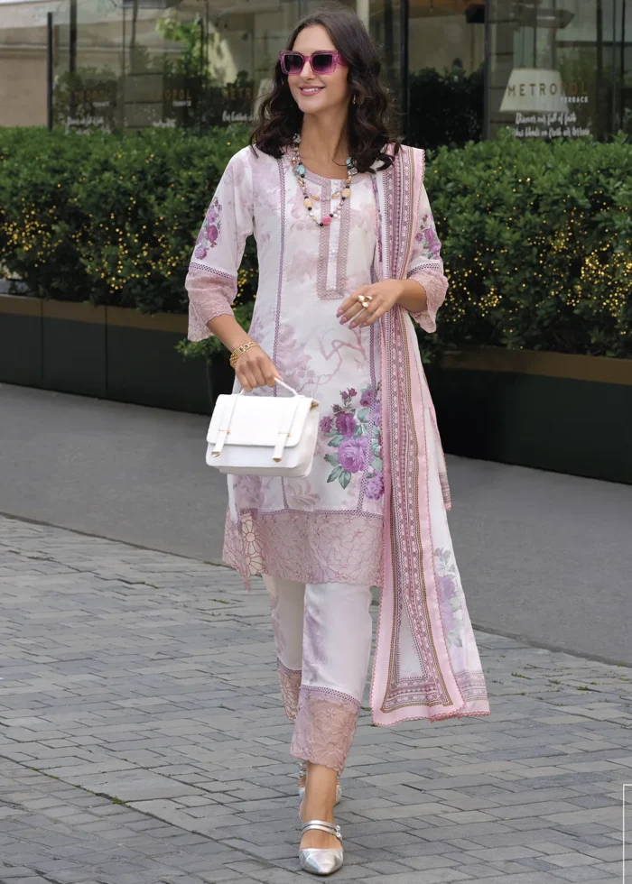 Baby Pink Printed Cotton Suit with Embroidery Work