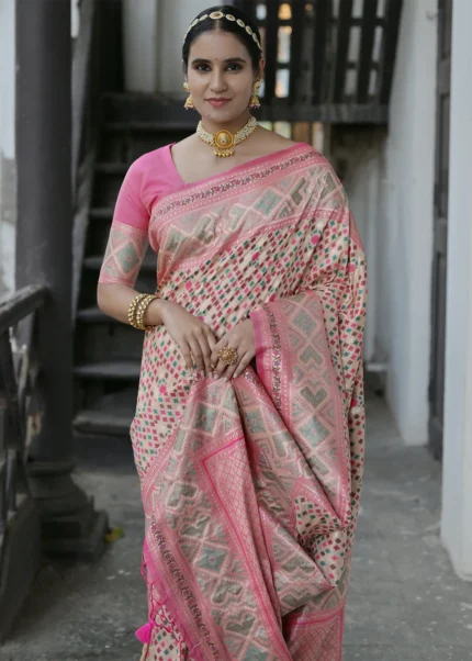 Beige Patola Silk Saree with Pink Blouse