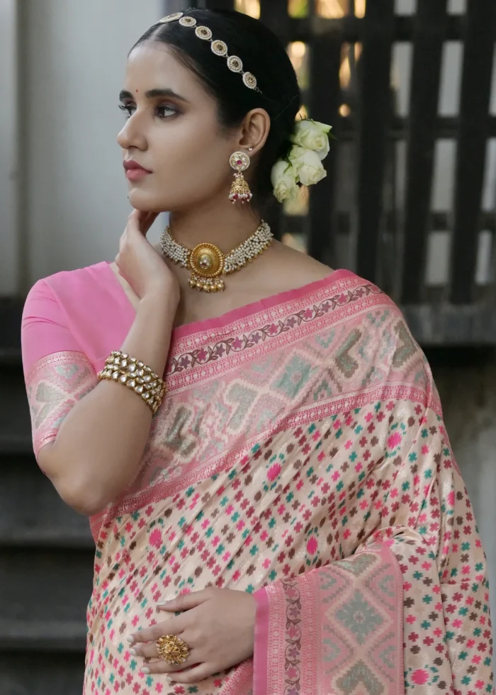 Beige Patola Silk Saree with Pink Blouse