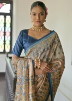 Beige and Blue Madhubani Saree