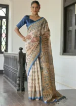 Beige and Blue Madhubani Saree