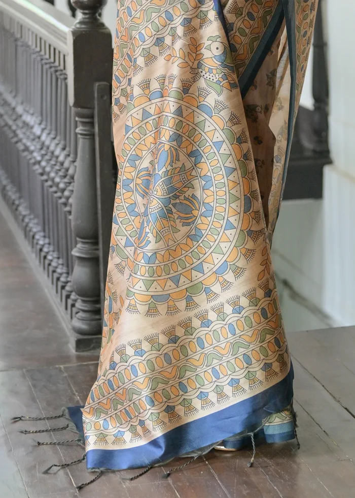 Beige and Blue Madhubani Saree