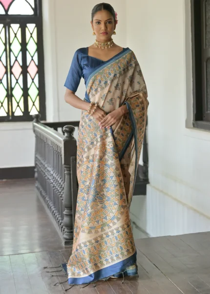 Beige and Blue Madhubani Saree