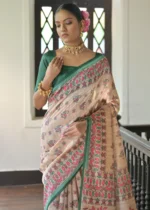 Beige and Green Madhubani Saree