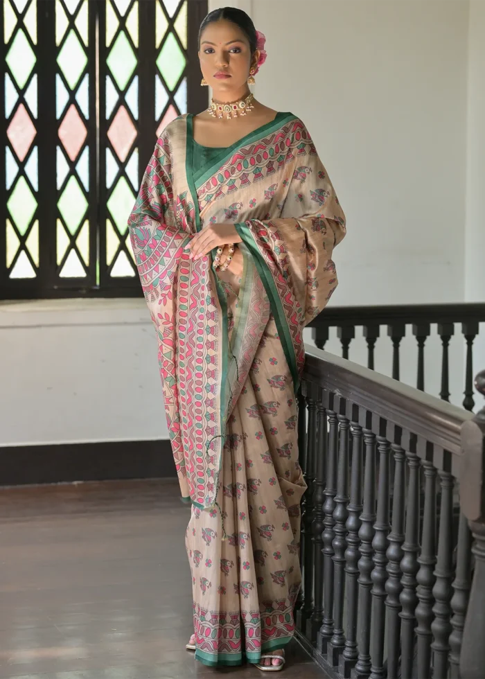 Beige and Green Madhubani Saree