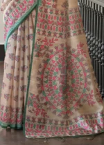 Beige and Green Madhubani Saree