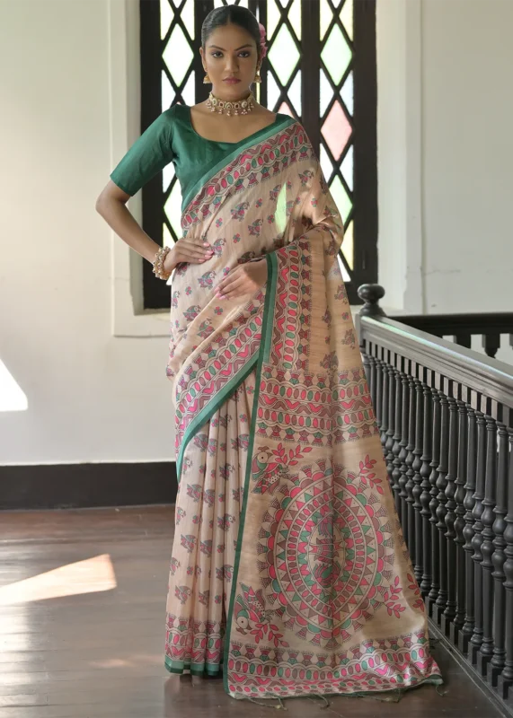 Beige and Green Madhubani Saree