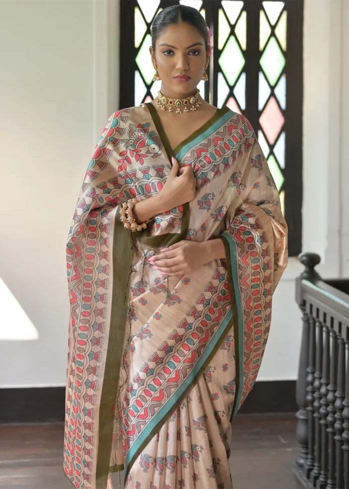 Beige and Mehndi Green Madhubani Saree