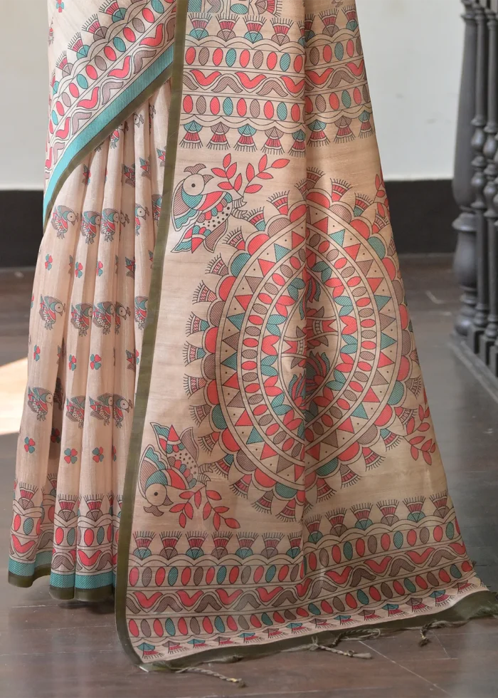 Beige and Mehndi Green Madhubani Saree