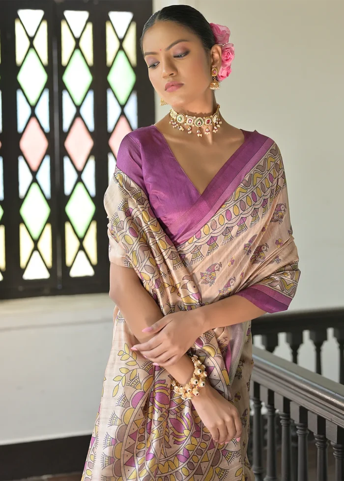 Beige and Purple Madhubani Saree