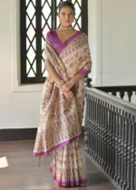 Beige and Purple Madhubani Saree