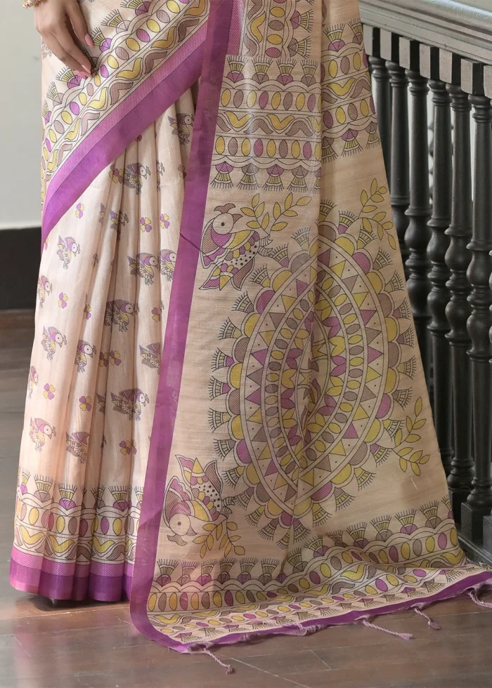 Beige and Purple Madhubani Saree