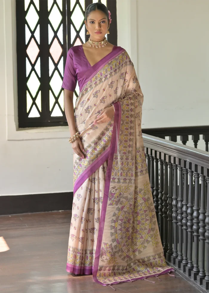 Beige and Purple Madhubani Saree